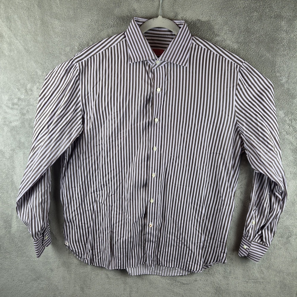 Isaia Napoli Purple Stripe Button Dress Shirt Men's Size 17/43 100% Cotton Italy